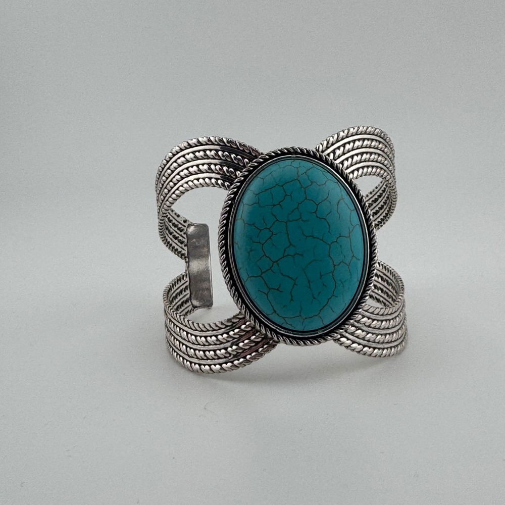 Southwestern Silver Tone Faux Turquoise Wide Rope Multi Strand Cuff‎ Bracelet